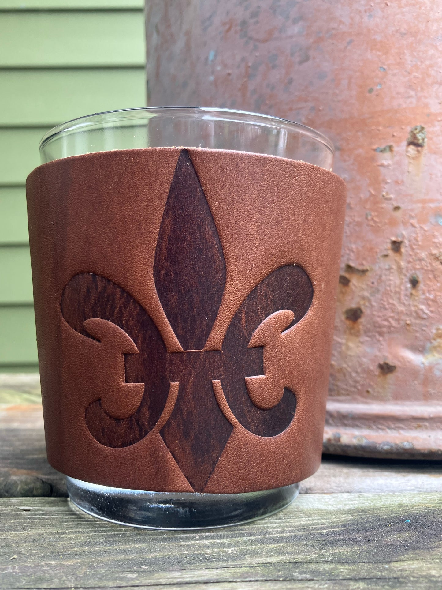 Leather Wrapped Whiskey Glass - Fleur De Lis