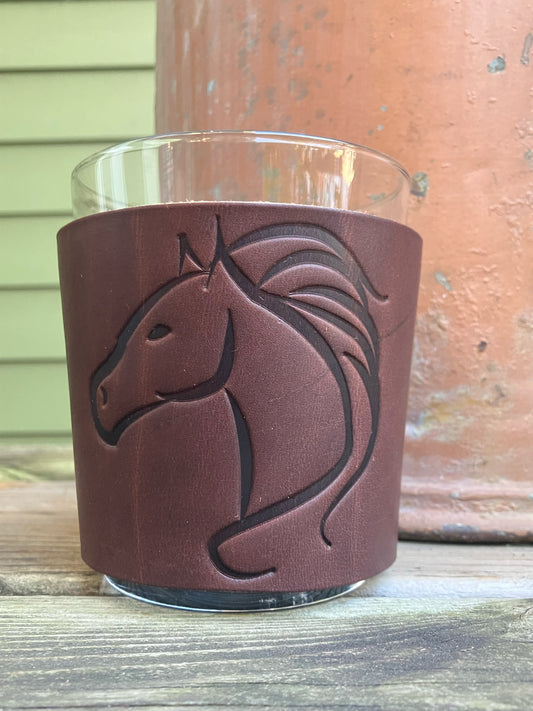 Leather Wrapped Whiskey Glass - Horse Thoroughbred