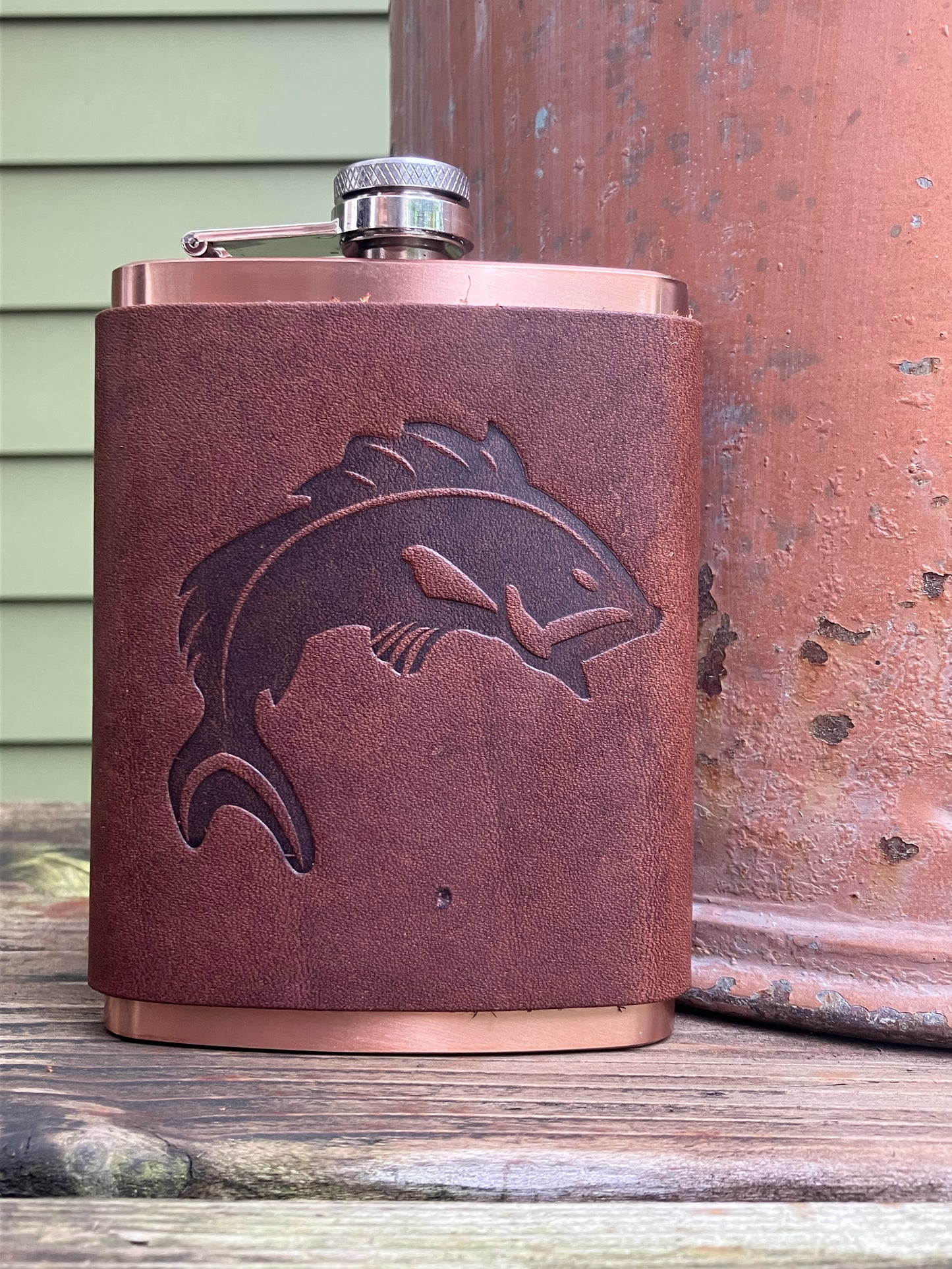 Leather Flask - Jumping Fish