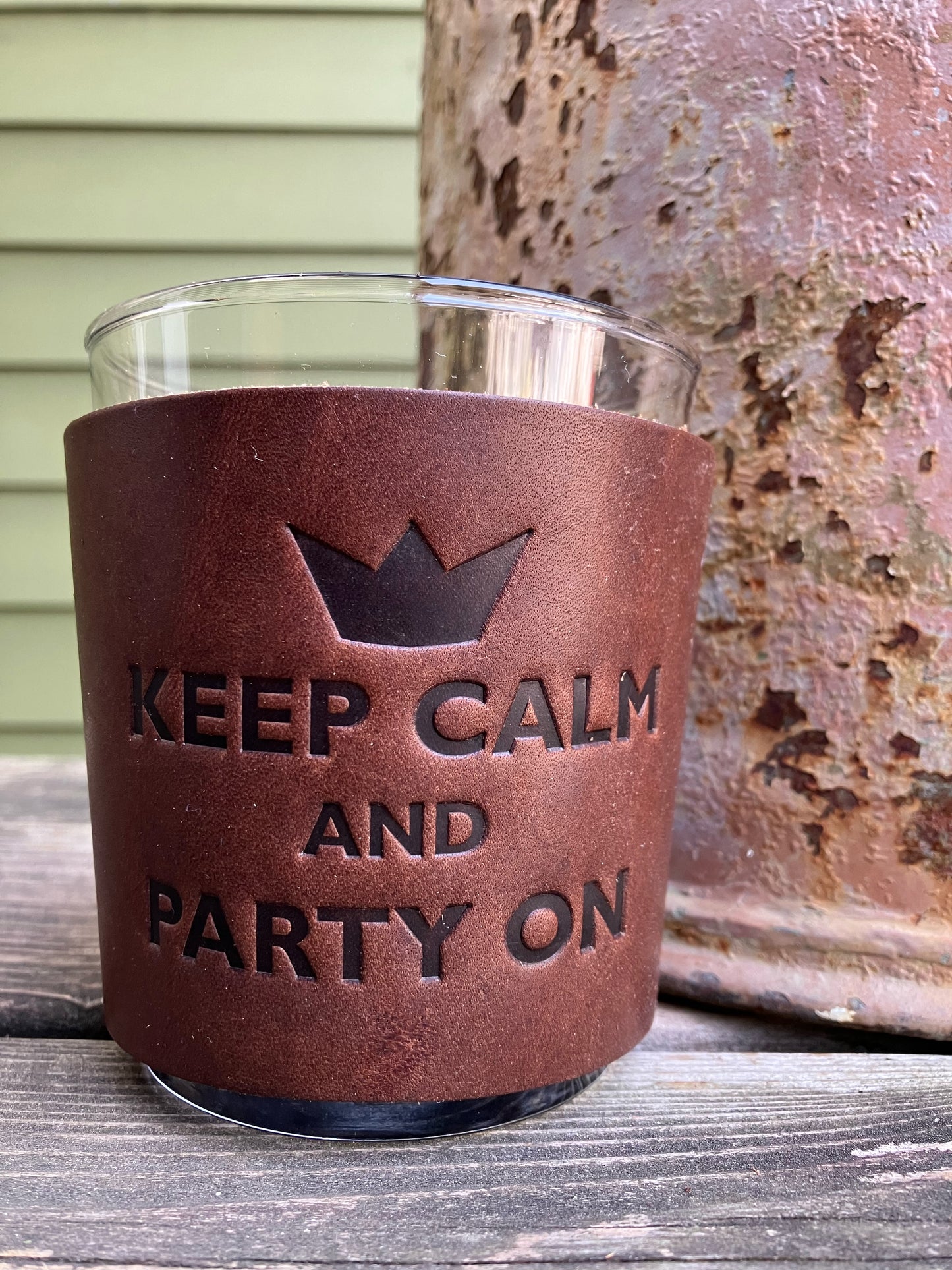 Leather Wrapped Whiskey Glass - Keep Calm and Party On