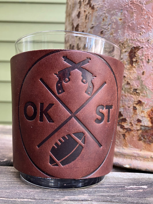 Leather Wrapped Whiskey Glass - Oklahoma State Football