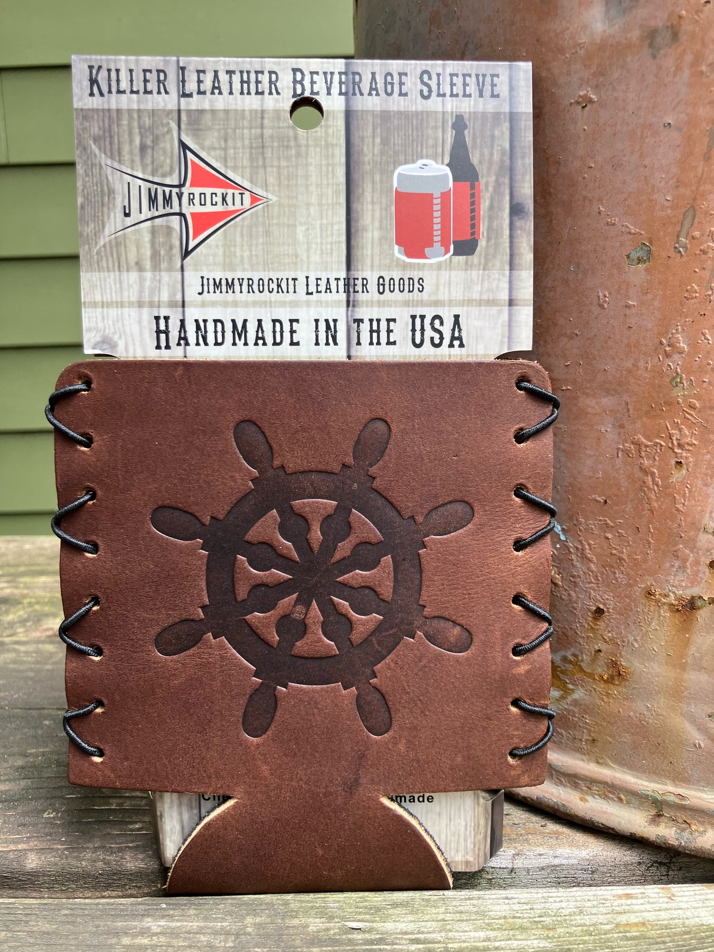 Leather Koozie - Ship Wheel