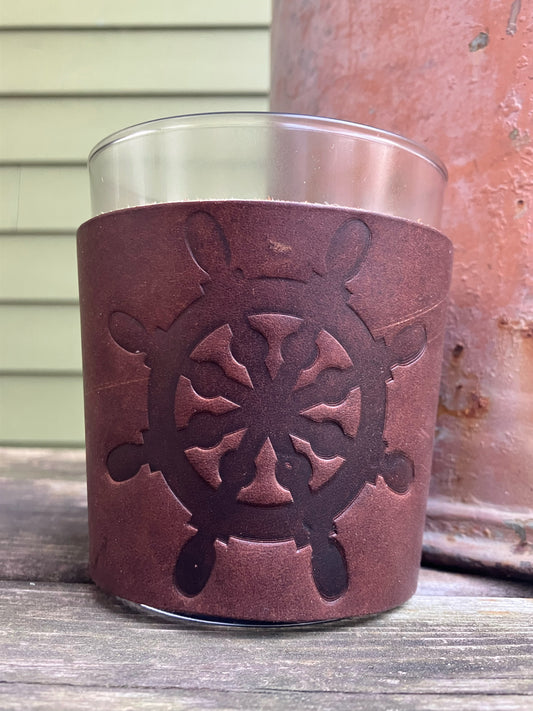Leather Wrapped Whiskey Glass - Ship Wheel