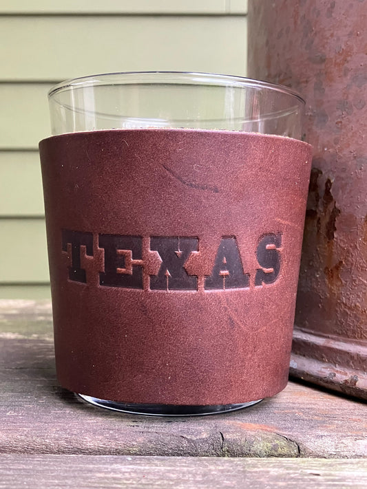 Leather Wrapped Whiskey Glass - Texas (spelled)