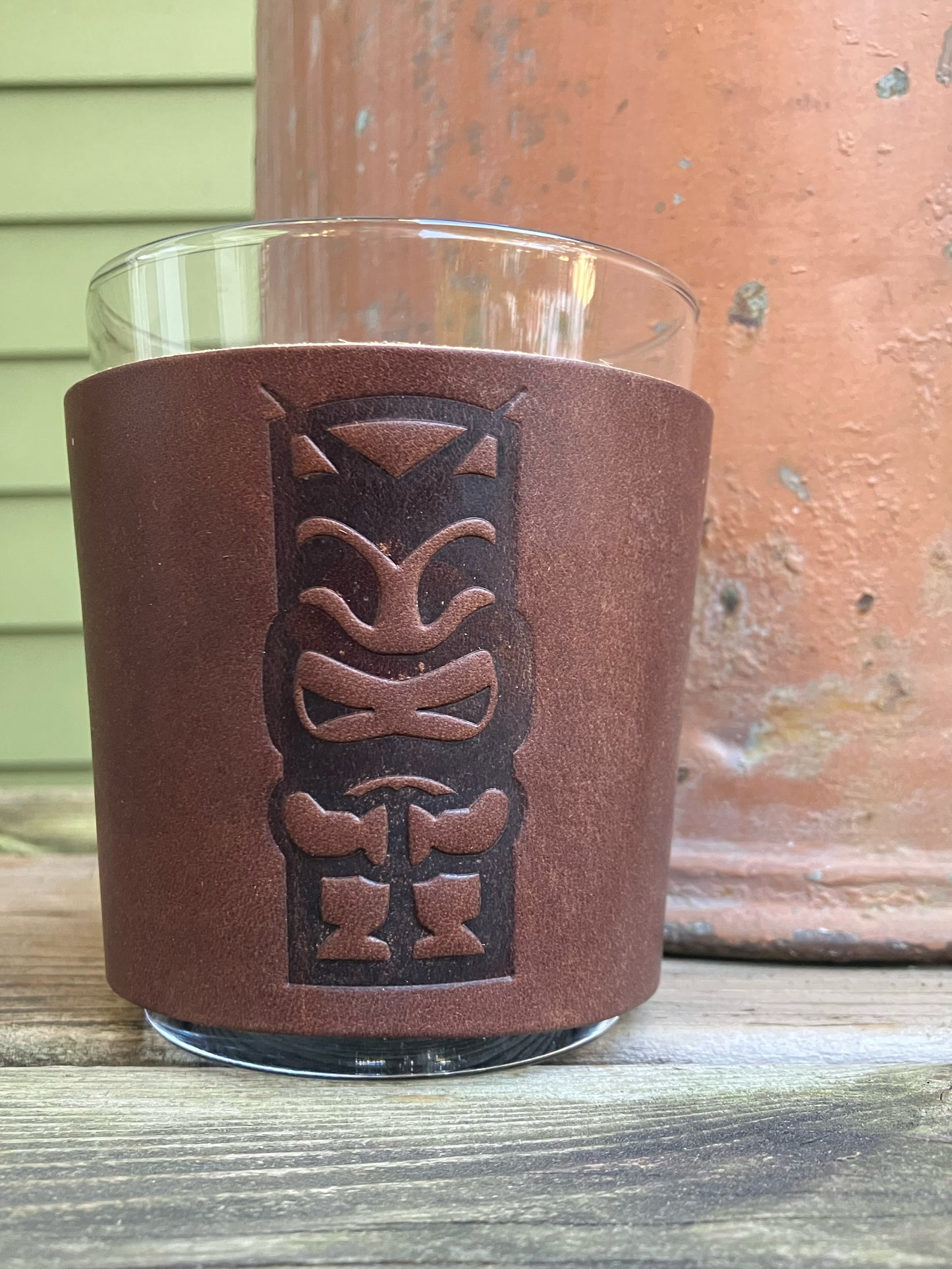 Leather Wrapped Whiskey Glass - Tiki Totem Pole