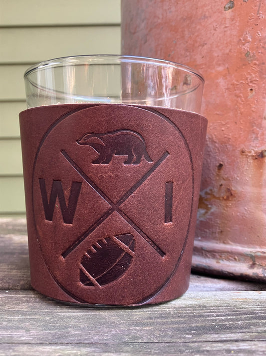 Leather Wrapped Whiskey Glass - Wisconsin Football