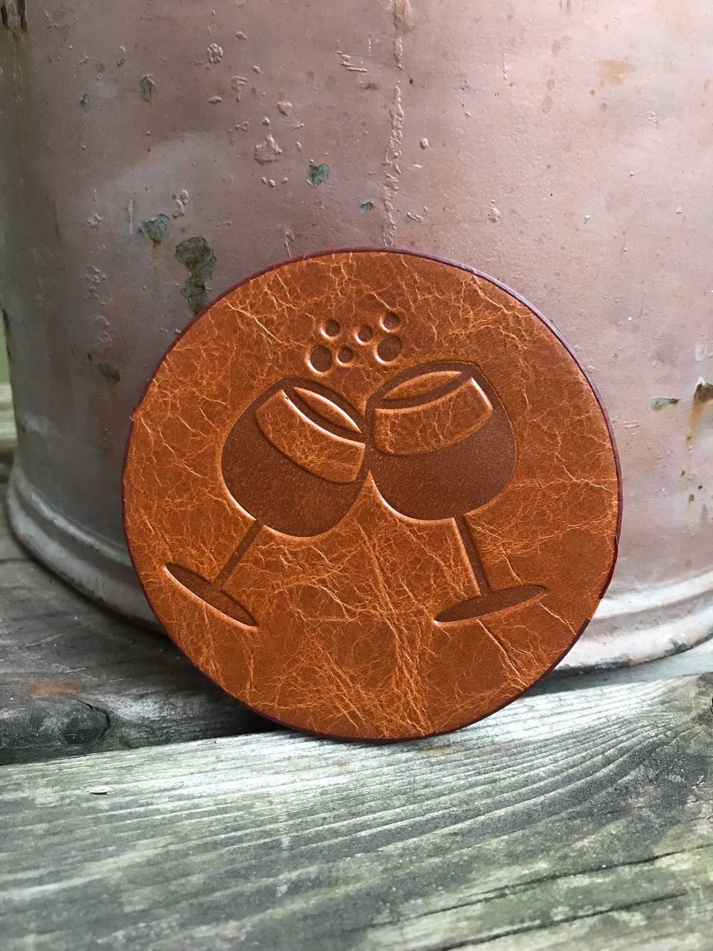 Leather Coaster - Clinking Wine Glasses