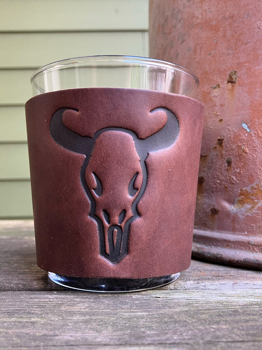 Leather Wrapped Whiskey Glass - Cow Skull