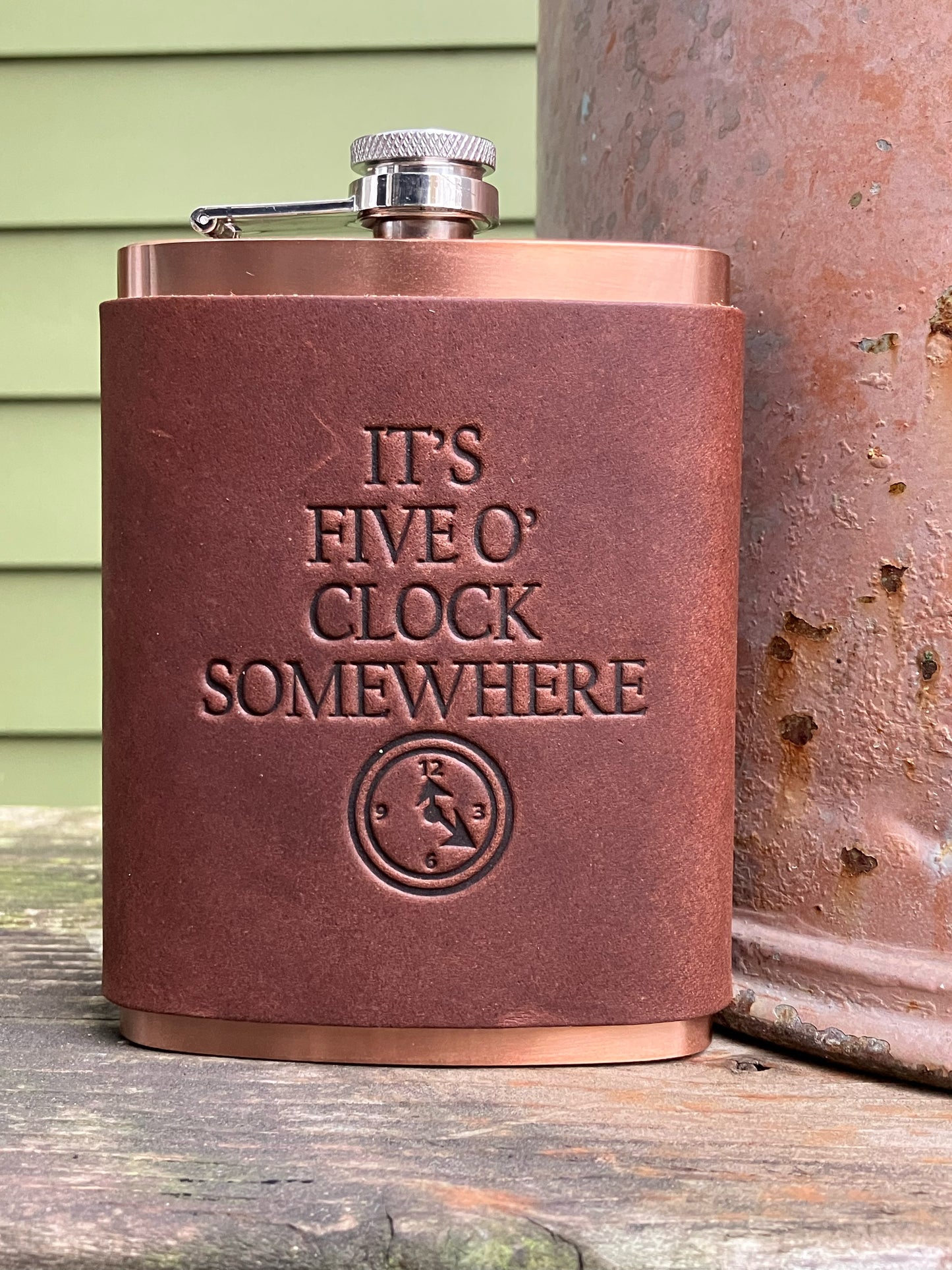 Leather Flask - It's 5 O'Clock Somewhere