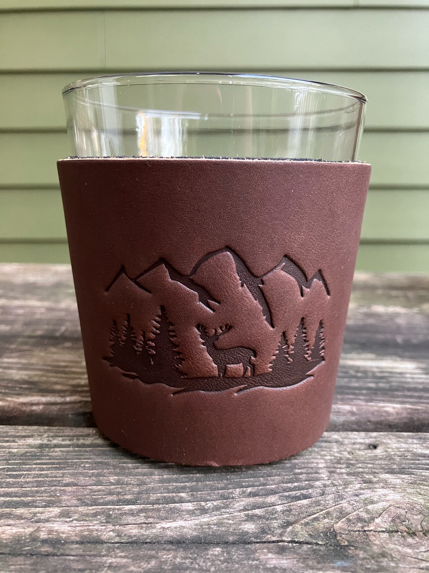 Leather Wrapped Whiskey Glass - Mountains and Elk