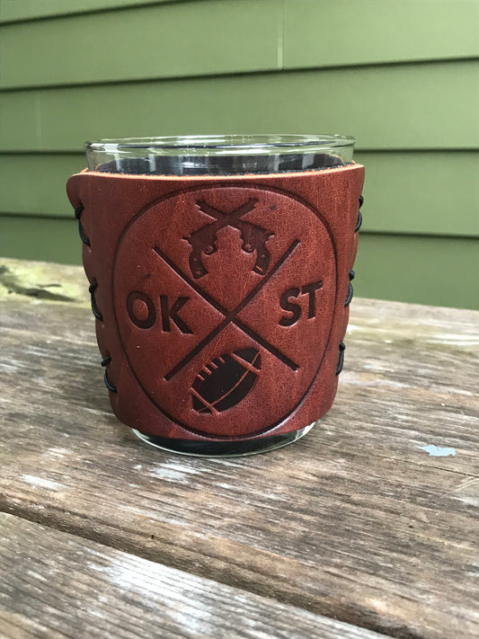 Leather Wrapped Whiskey Glass - OK State Football