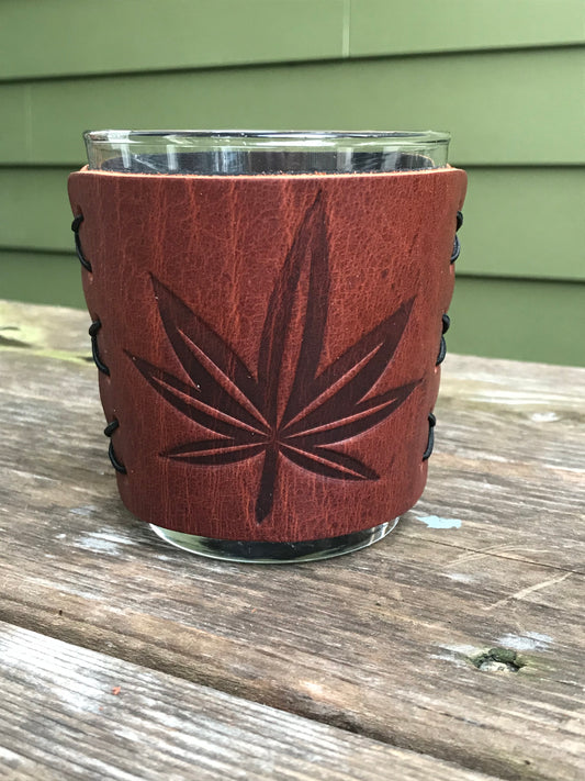 Leather Wrapped Whiskey Glass - Pot Leaf
