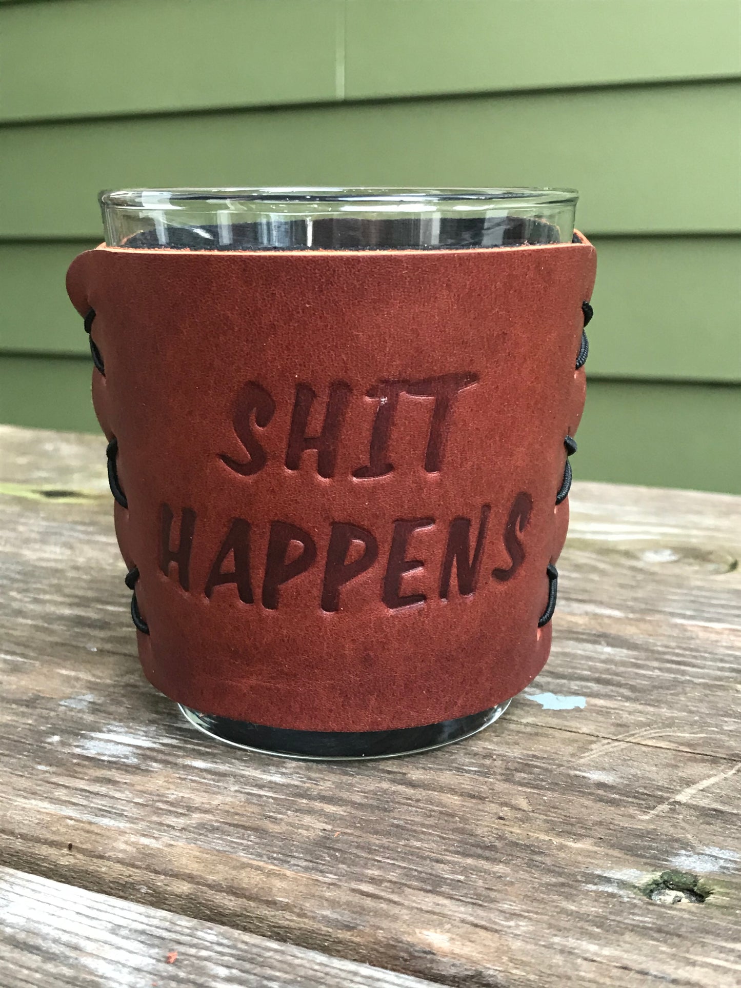 Leather Wrapped Whiskey Glass - Shit Happens