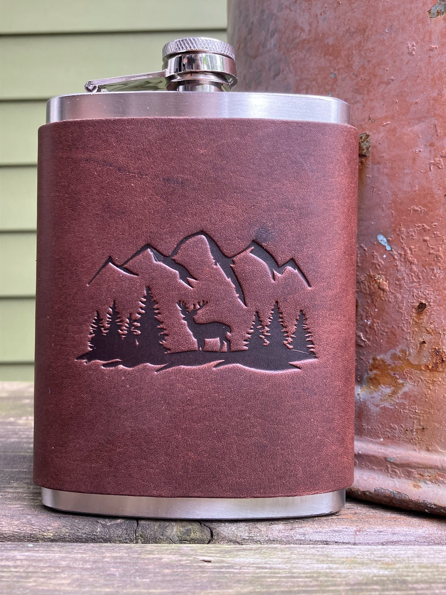 Leather Flask - Mountains And Elk