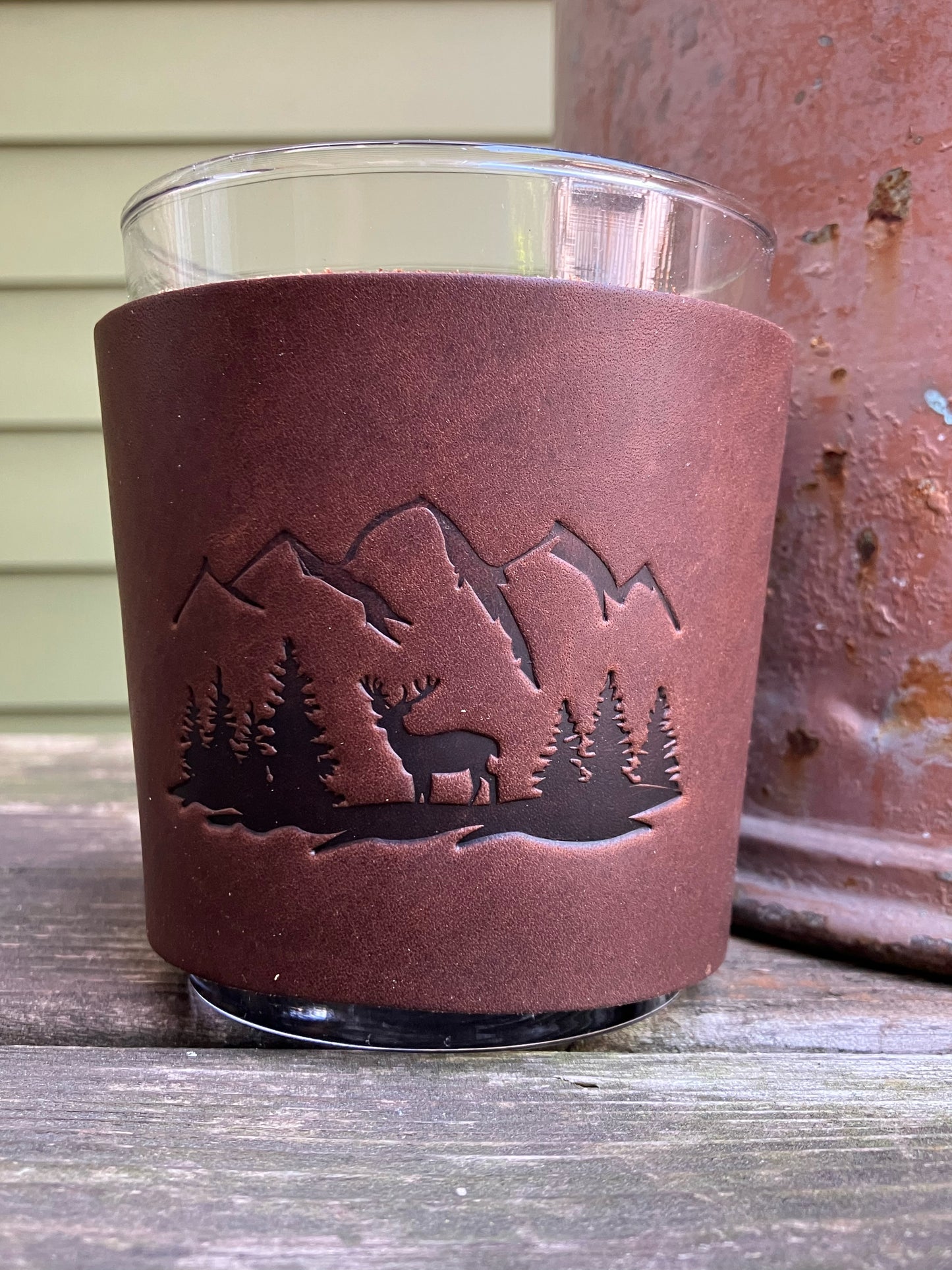 Leather Wrapped Whiskey Glass - Mountains and Elk