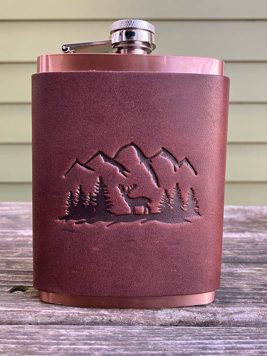 Leather Flask - Mountains And Elk