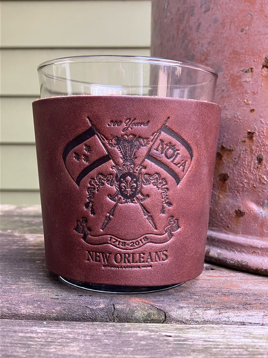 Leather Wrapped Whiskey Glass - New Orleans 300 Year Crest