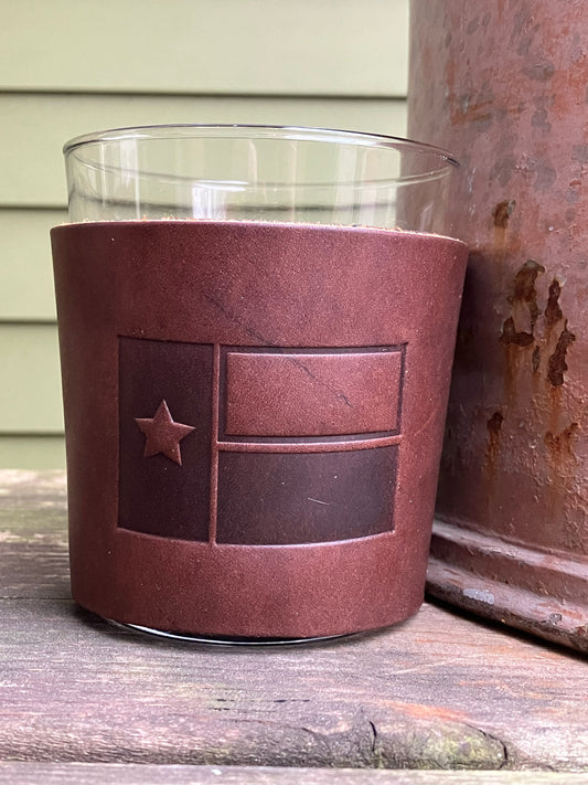 Leather Wrapped Whiskey Glass - Texas Flag