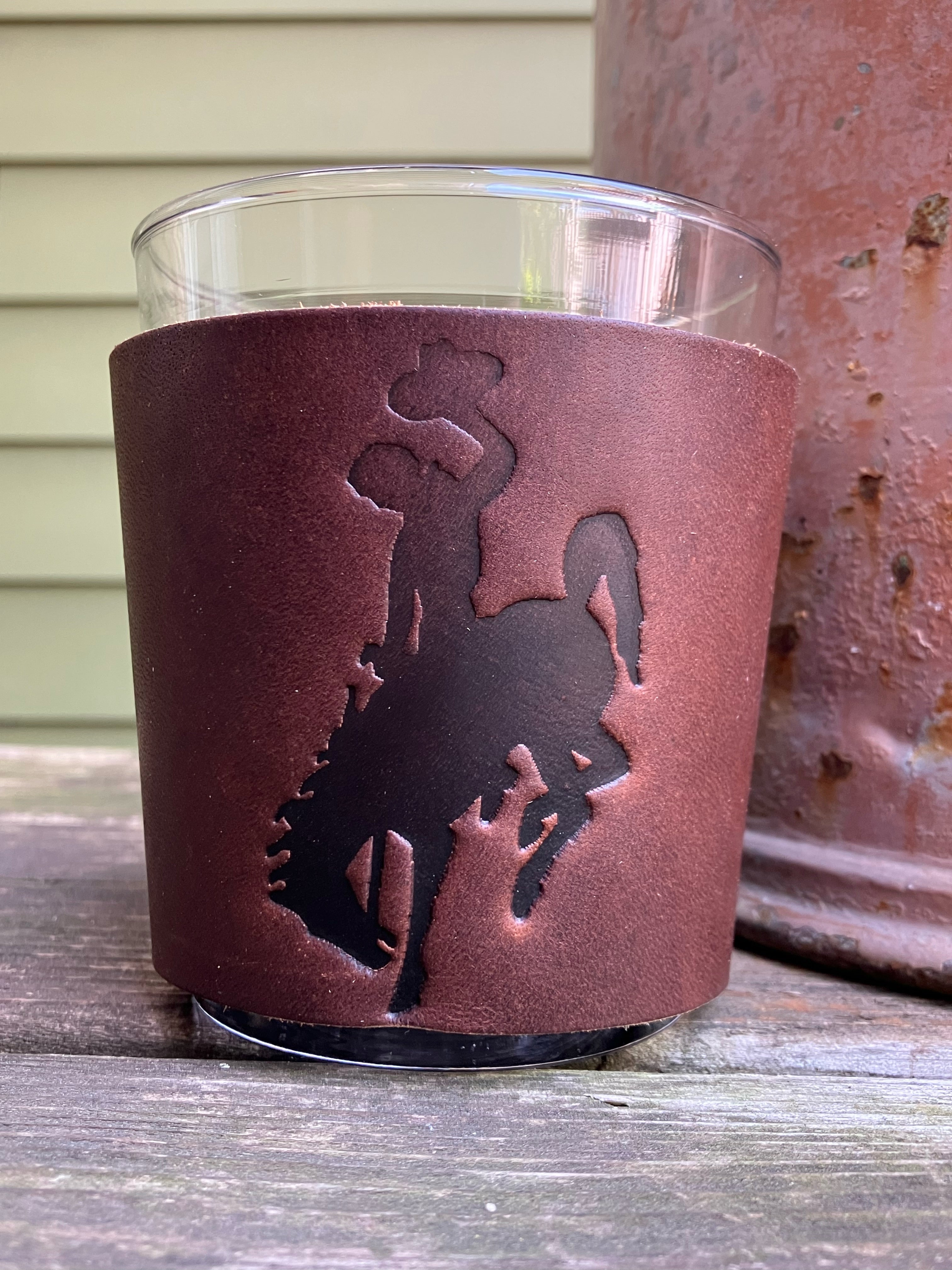 American Rider Glass Leather Wrapped Whiskey Glass - Bucking Horse and Rider – jimmyrockit
